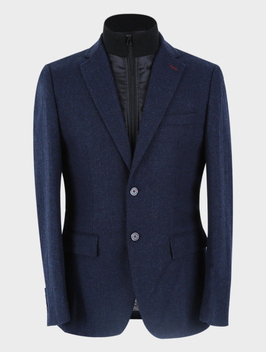 Men's Herringbone Navy Coat with Removable Zipper - Navy Blue