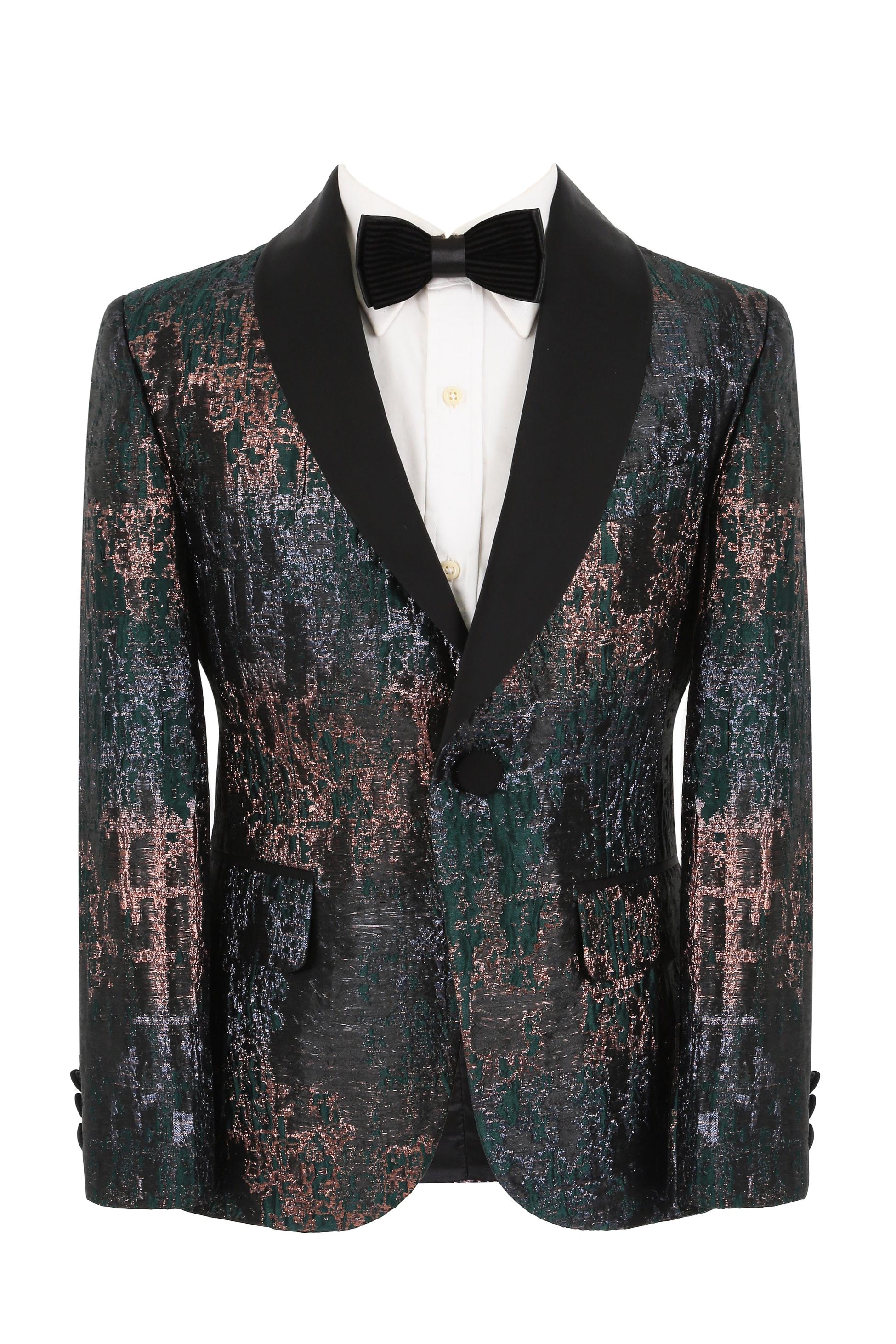 Boys Shimmery Patterned Tuxedo Suit - Green - Black