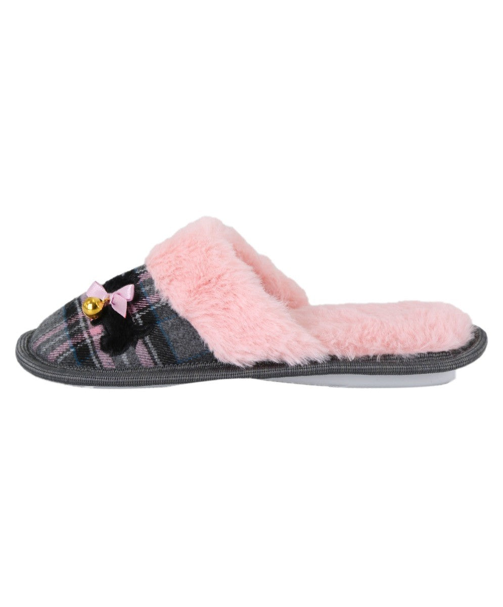 Girls Tartan Fur Slip On Slippers - Pink