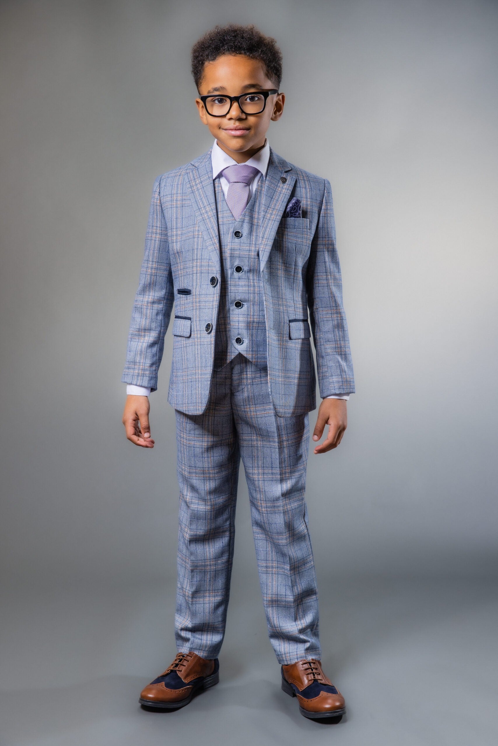 Boys Windowpane Check Slim Fit Suit - LEVI Blue