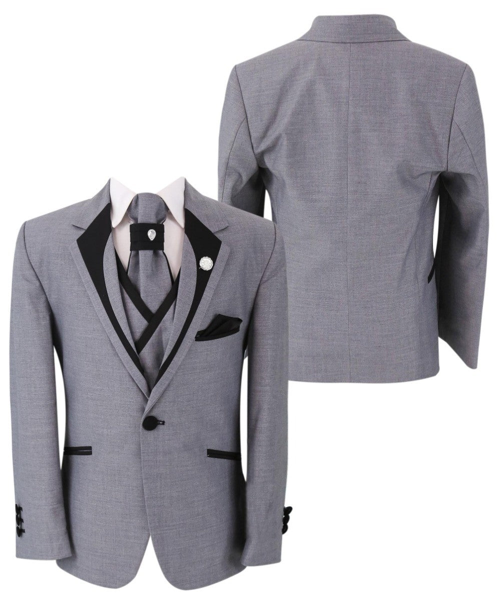 Boys Slim Fit Piping Grey Tuxedo Suit - Grey