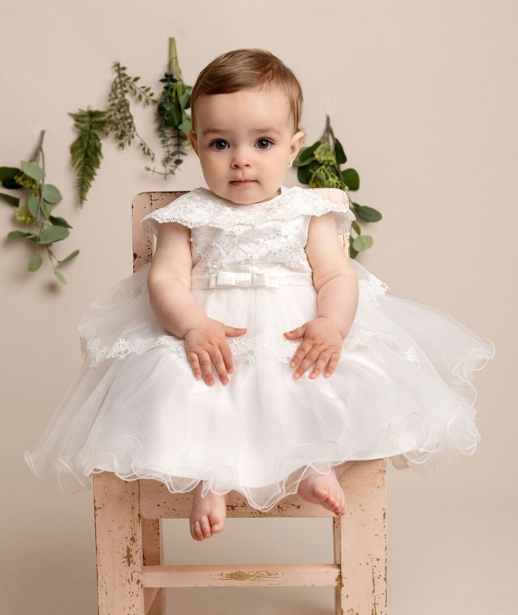 Baby Girls Layered Christening Lace Cape Dress - HAZEL - Ivory