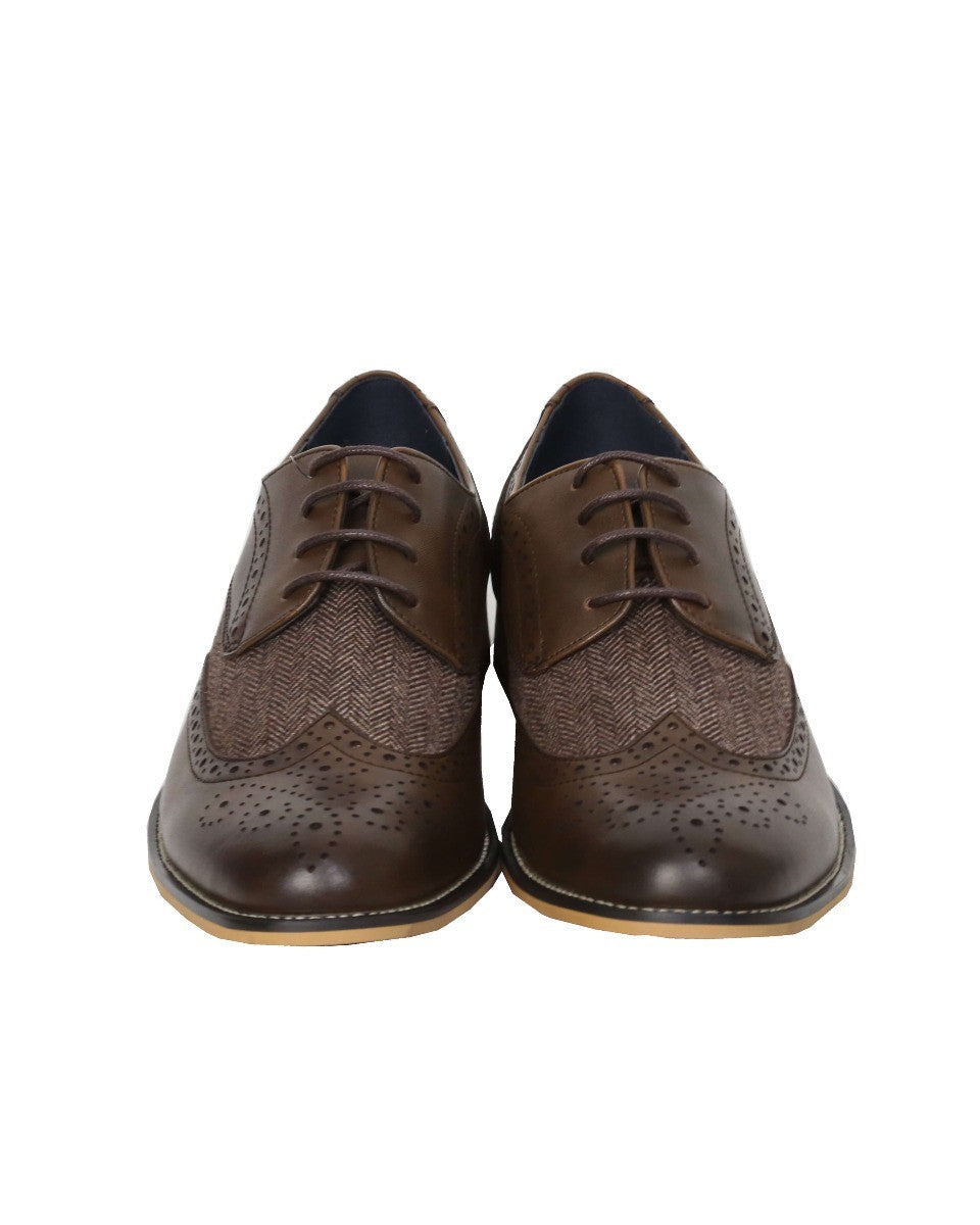 Men's Lace Up Tweed Leather Brogue Shoes - HORATIO - Brown