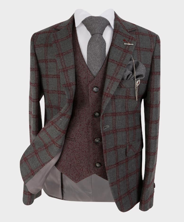 Boys Tailored Fit Windowpane Retro Check Suit - Grey - Burgundy