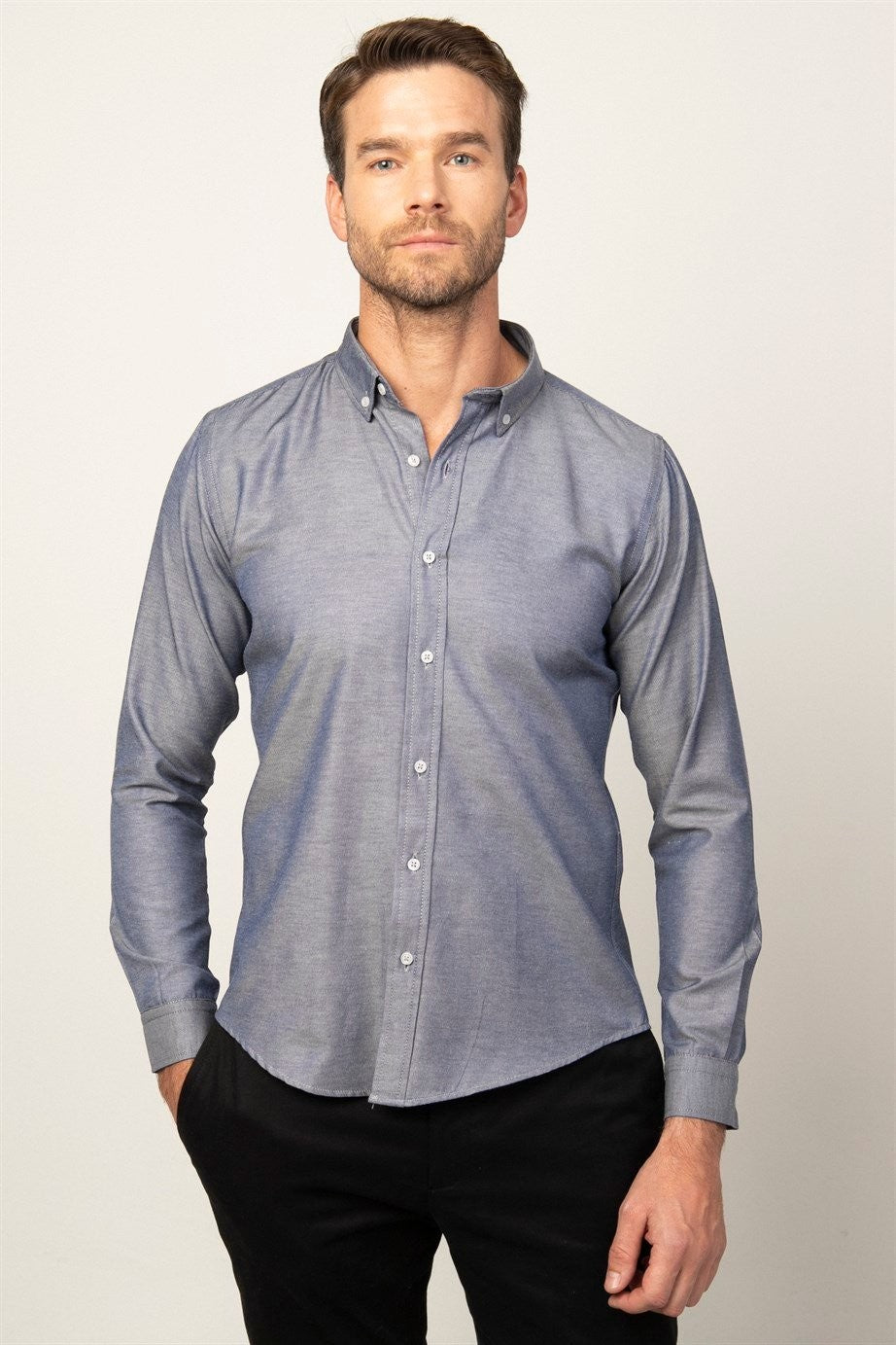 Men's Slim Fit Cotton Button-Down Oxford Shirt - GABARDIN - Silver