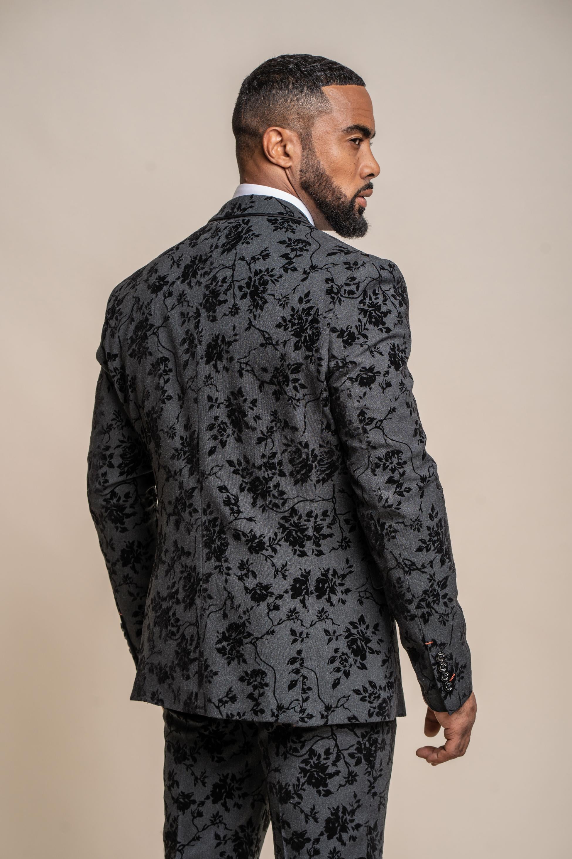 Men's Black Velvet Floral Embroidered Suit Jacket - GEORGI - Black