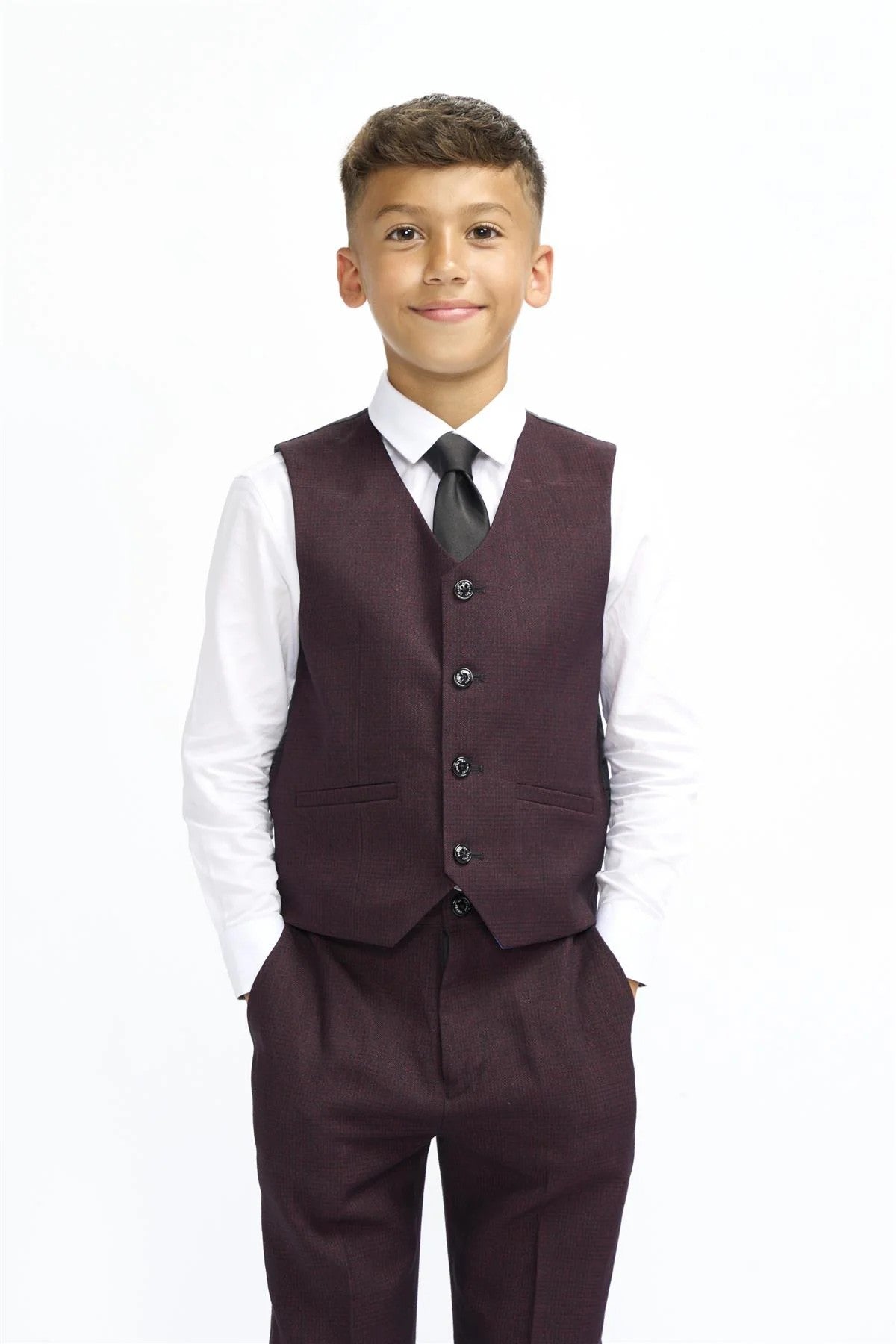 Boys Slim Fit Tweed Check Suit - CARIDI WINE - Wine