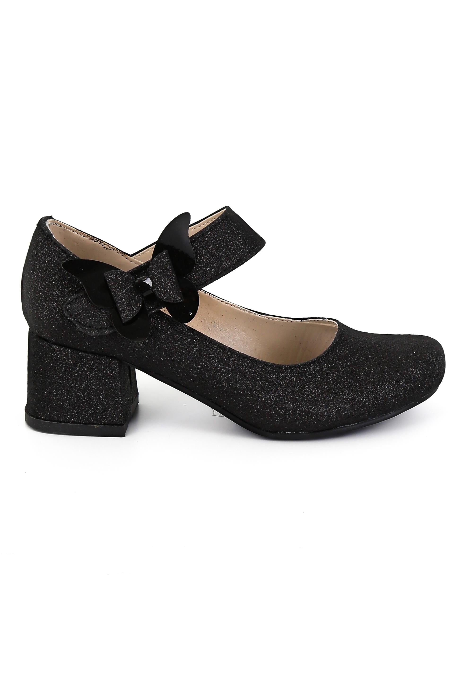 Girls Block Heel Glittery Mary Jane Shoes- AITANA - Black