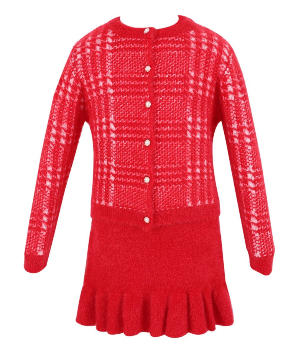 Girls Herringbone Tweed Dress and Cardigan Set - Red