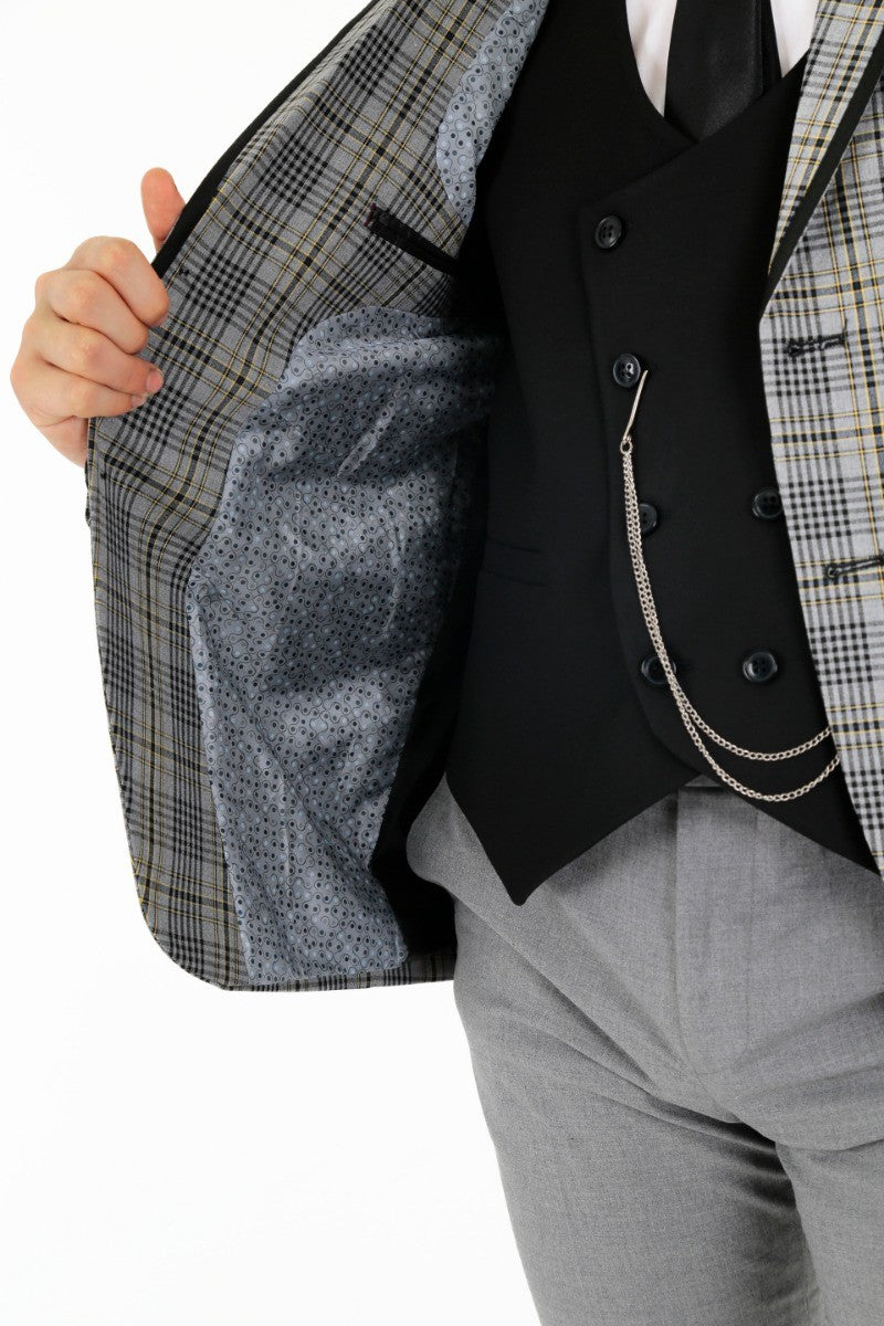 Boys Plaid Check Slim Fit Suit - Grey