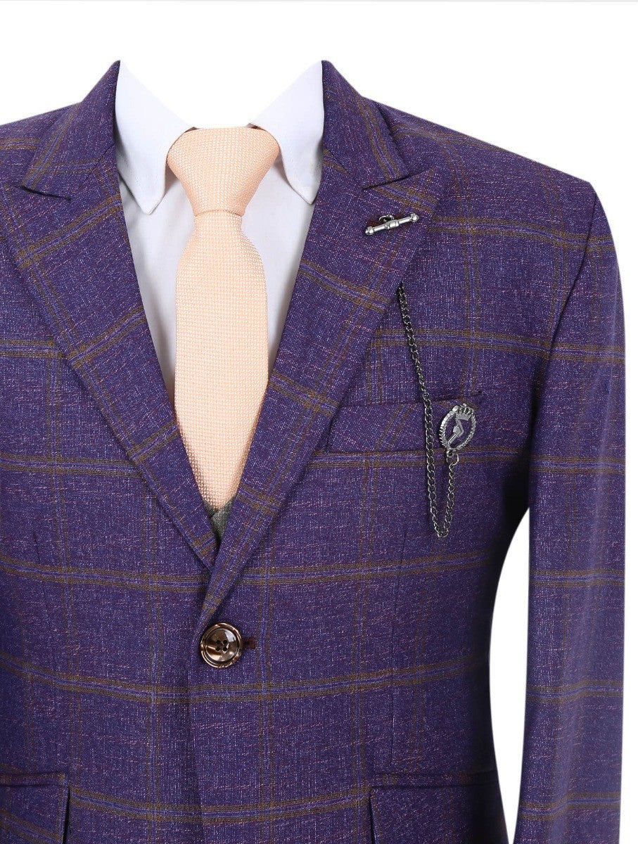 Boys Windowpane Check Slim Fit Suit Set - Dark Purple