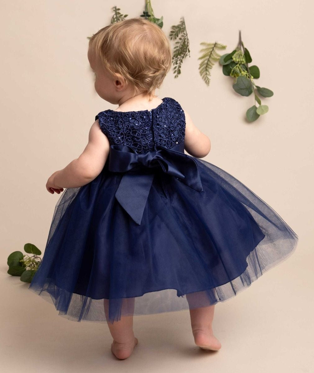 Baby Girls Dress with Floral Bodice & Bow - PC-1025 - Navy Blue