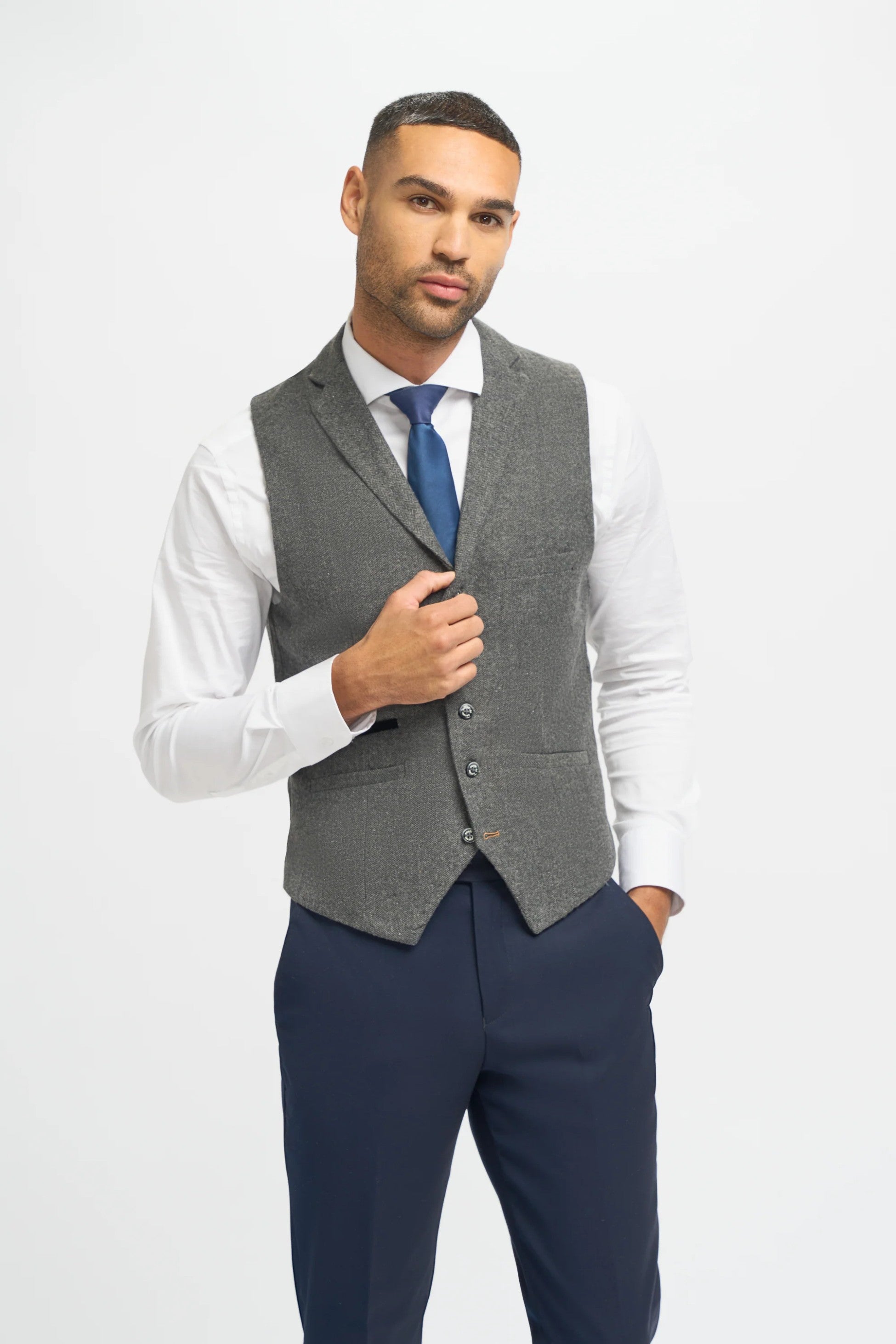 Men's Grey Herringbone Tweed Jacket and Waistcoat with Slim Fit Navy Blue Trousers - Grey - Navy Blue