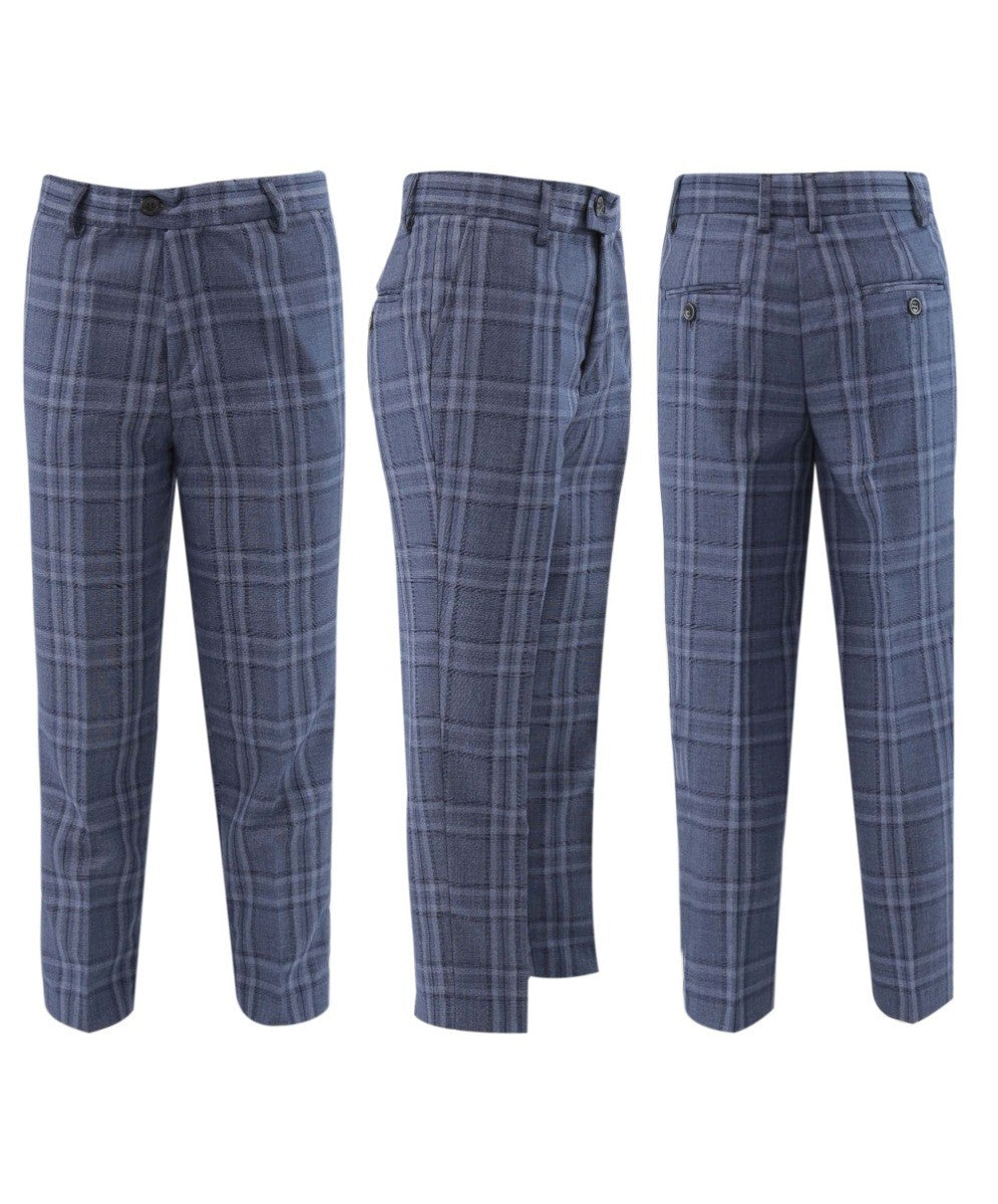 Boys Tailored Fit Plaid Check Blue Suit Set - JOSEPH - Denim Blue