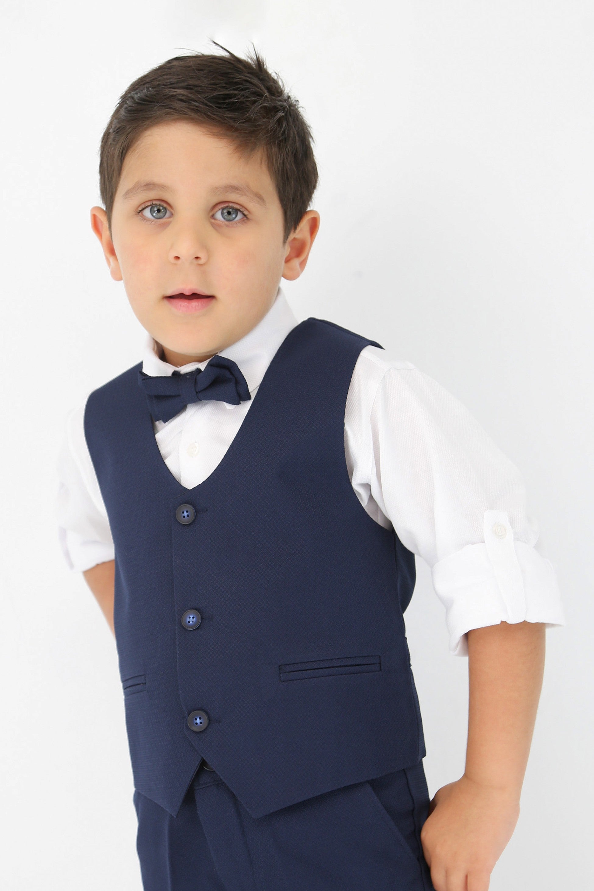 Boys' Slim Fit Textured Waistcoat Suit Set, Formal Outfit - Navy Blue