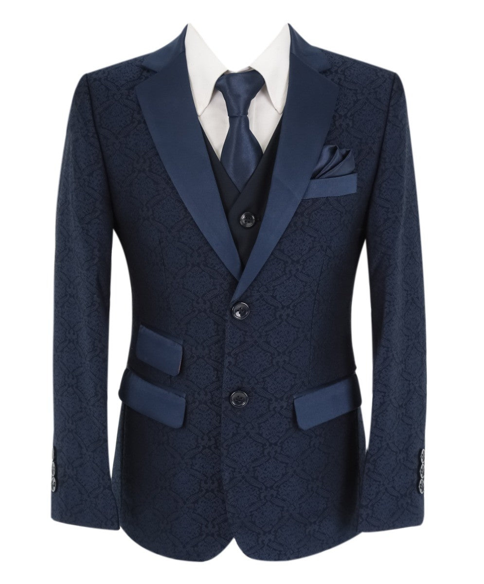 Boys Patterned Navy Suit - JACQUARD - Navy Blue