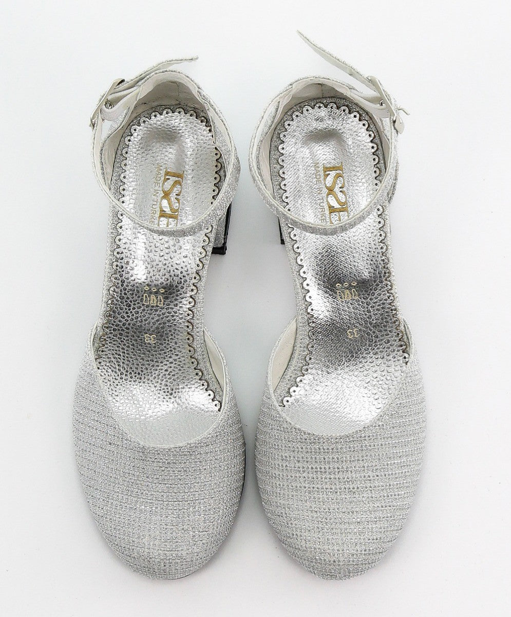 Girls Communion Block Heel Ankle Strap Dress Shoes - Silver