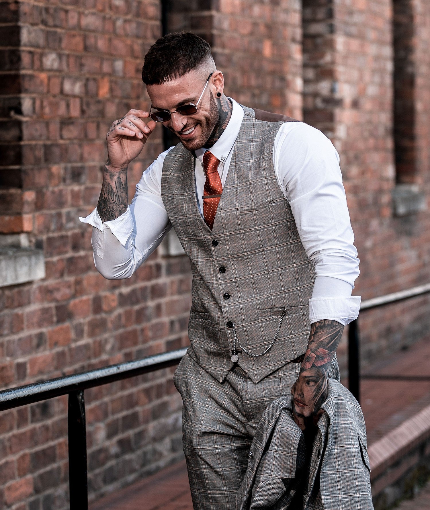 Men's Slim Fit Retro Check Suit - Quincy Stone - Stone Brown