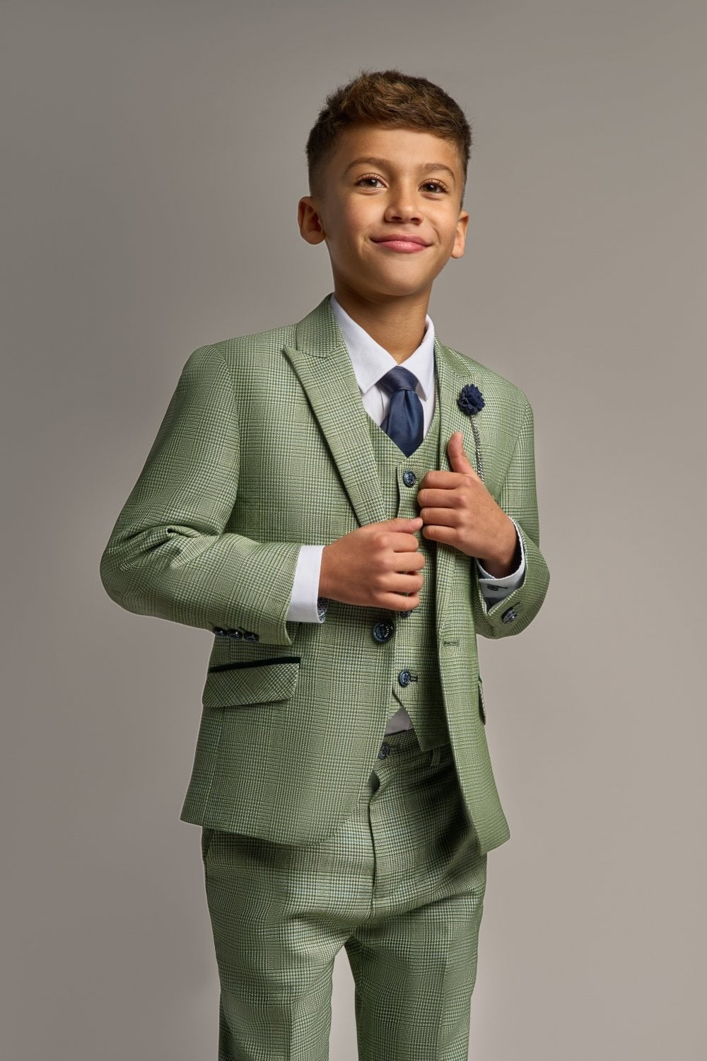 Boys Slim Fit Tweed Check Suit - CARIDI - Sage Green