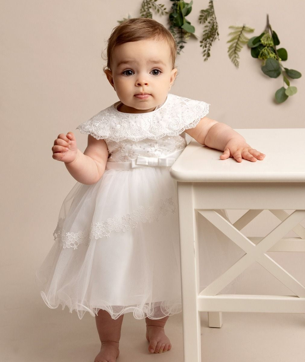 Baby Girls Layered Christening Lace Cape Dress - HAZEL - Ivory