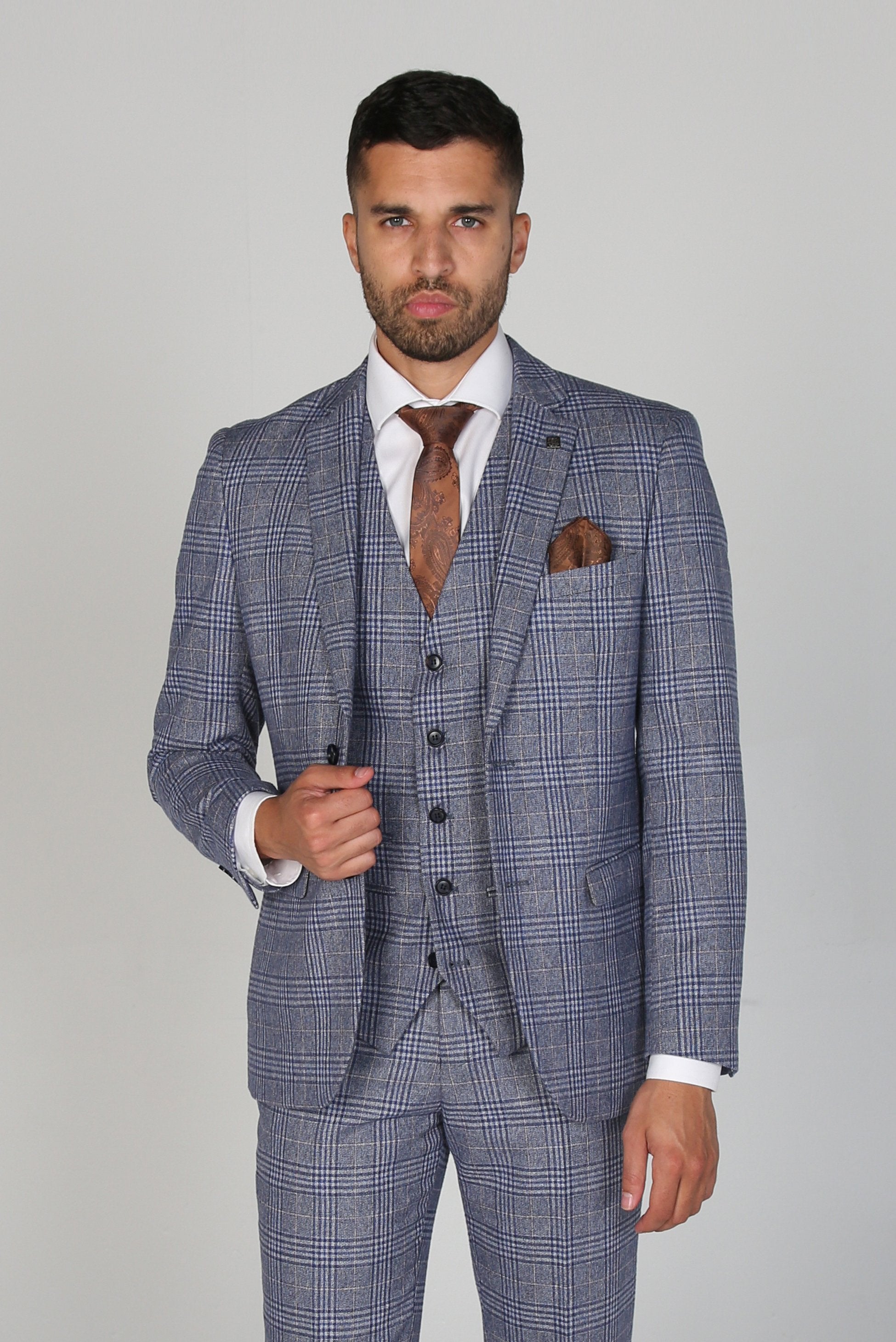 Men's Retro Check Tailored Fit Blue Suit Jacket - VIKTOR - Blue