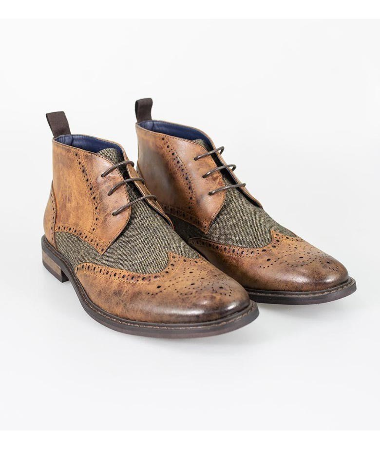 Men's Tweed Brogue Ankle Boots - CURTIS - Tan Brown