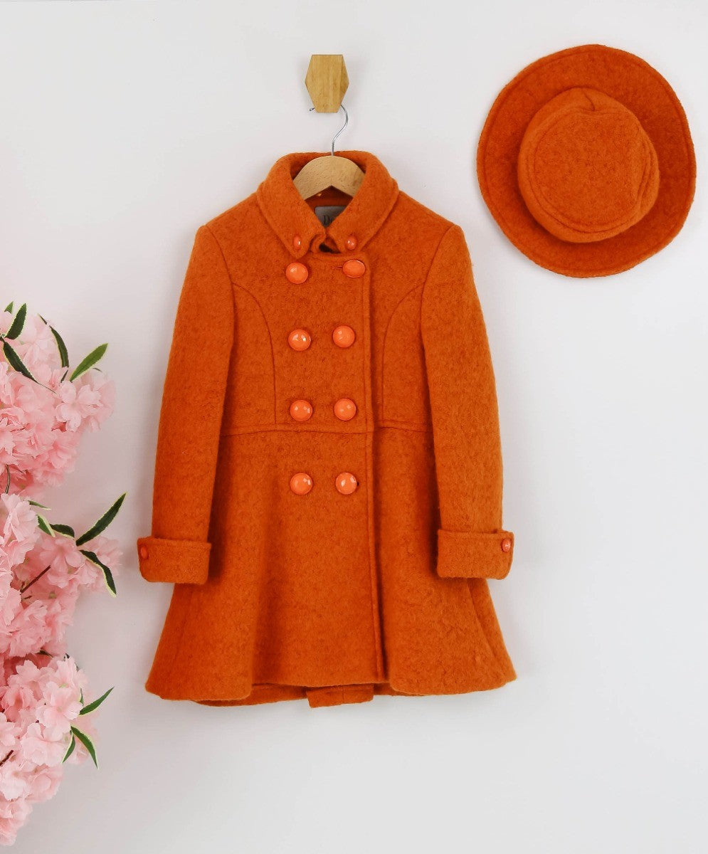 Girls Wool Double-Breasted OverCoat Set - ELIZABETH - Brick Orange