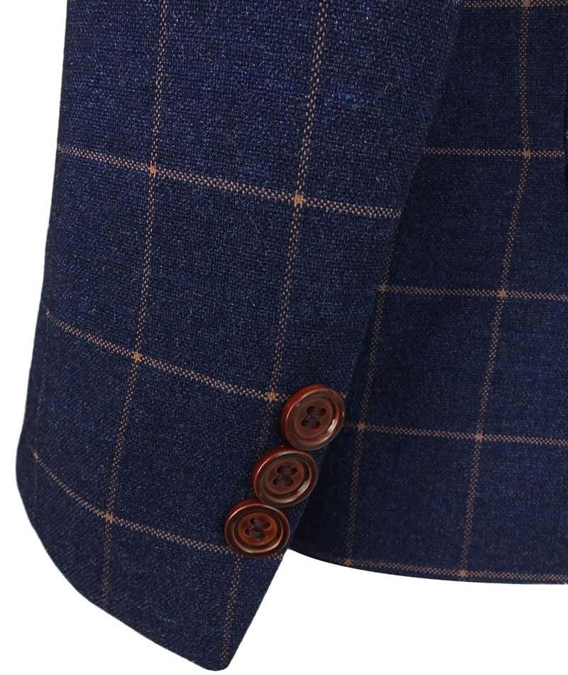 Boys Windowpane Check Slim Fit Suit - Dark Blue - Gold