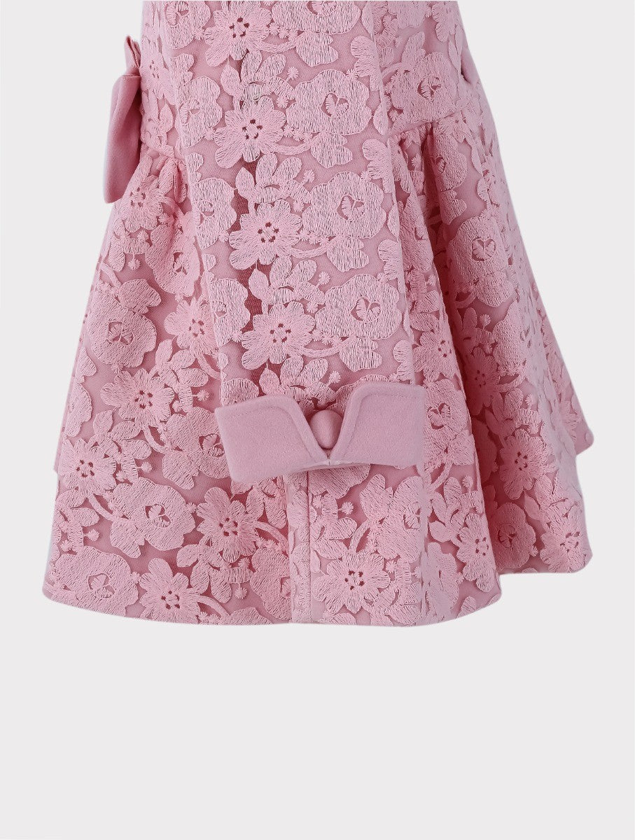 Girls Coat Floral Embroidered Lace 2 Piece Set - Pink