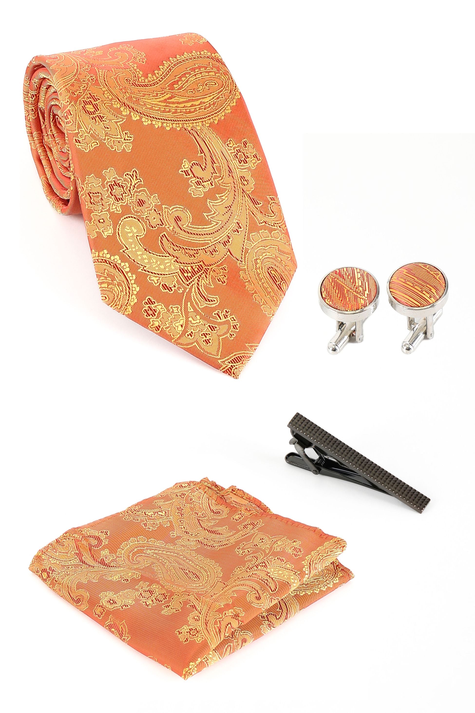 Men's Paisley Tie Cufflink Set - Orange