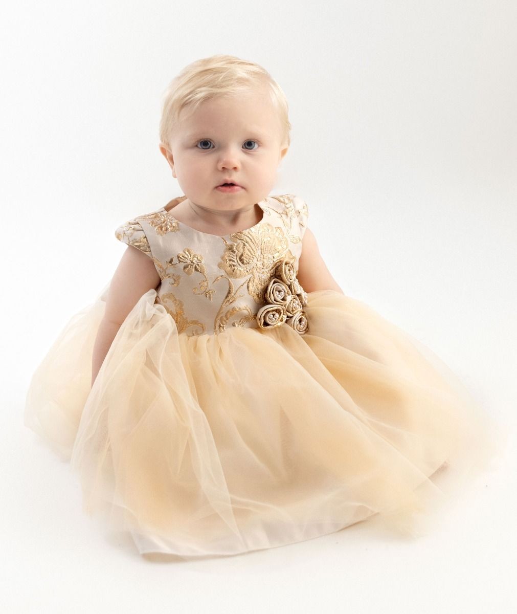 Girls and Babies Gold Embroidered Bodice Dress – ANGELA - Gold Champagne