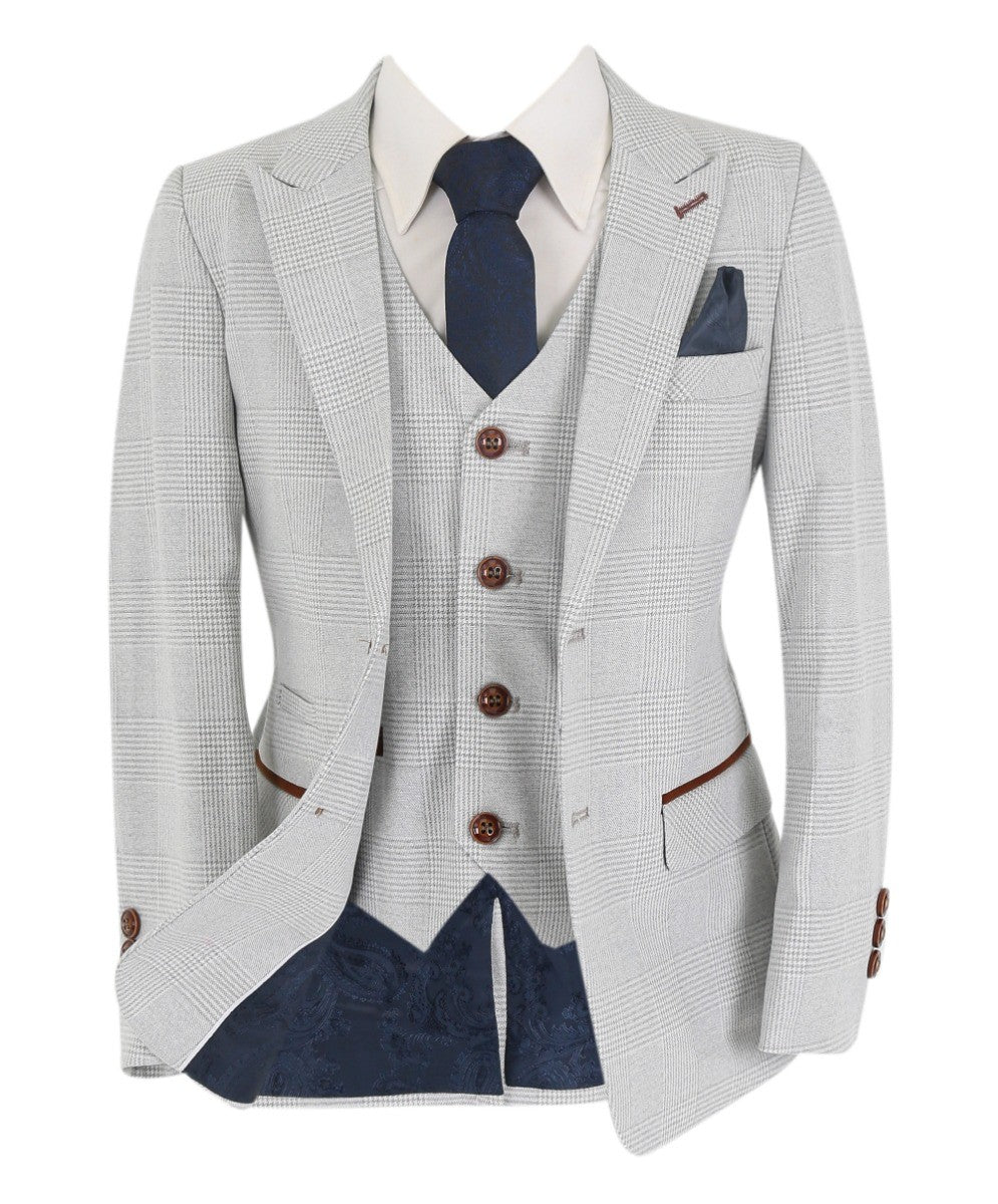 Boys Tailored Fit Tweed Check Suit - MARK - Stone Beige