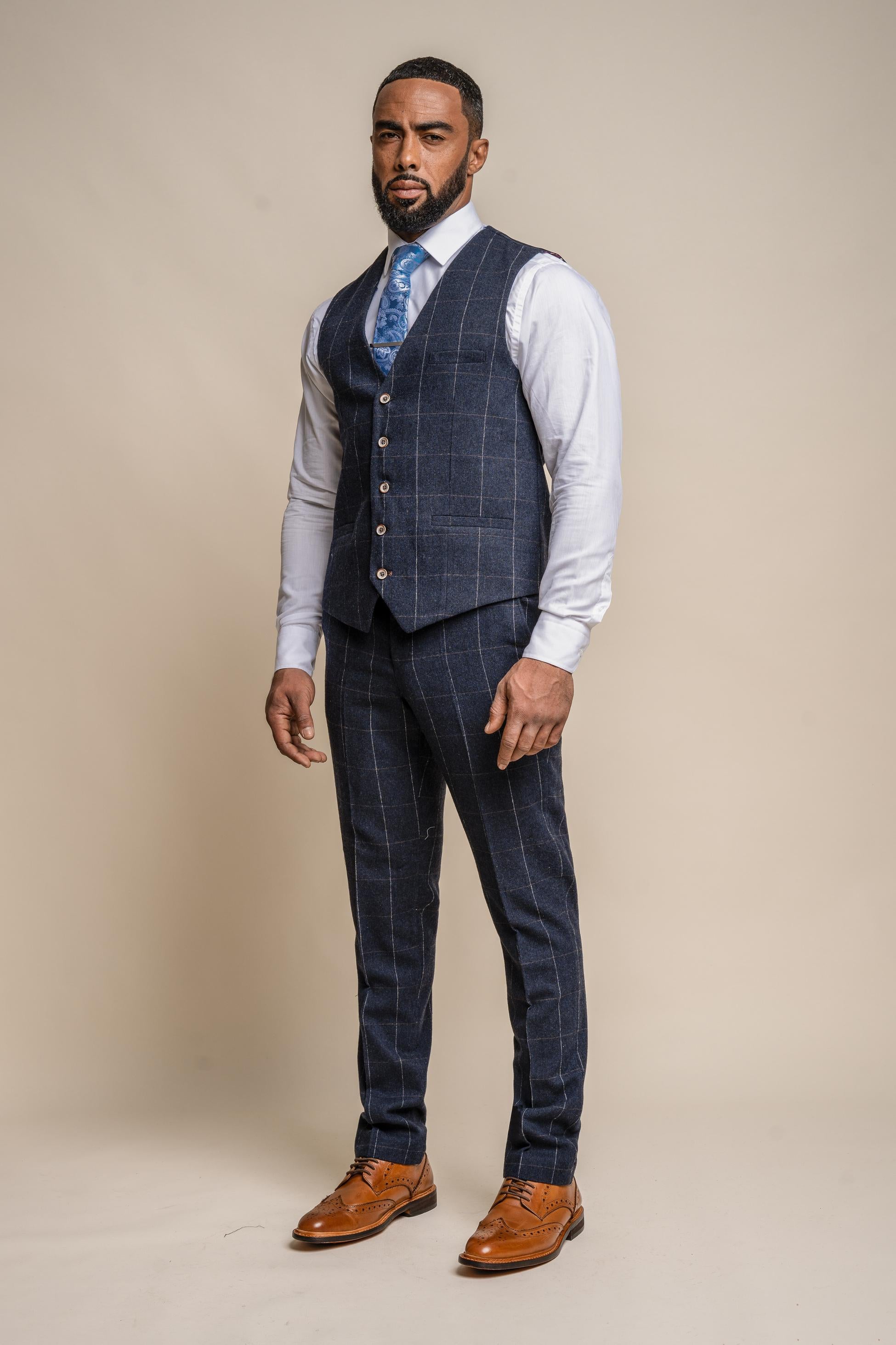 Men's Windowpane Check Wool Navy Blue Waistcoat - ANGELS - Navy Blue