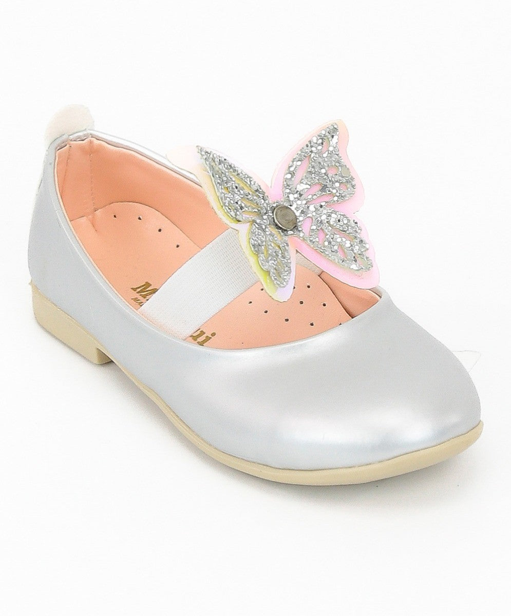 Girls Ballerina Butterfly Strap Flat Dress Shoes - Silver