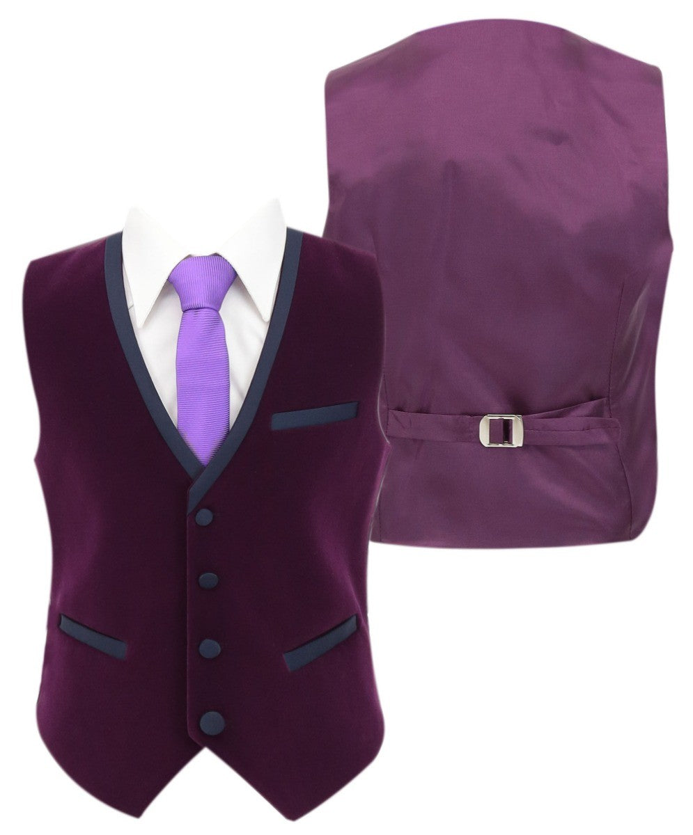 Boys Slim Fit Piping Velvet Tuxedo Suit - LONDON - Purple