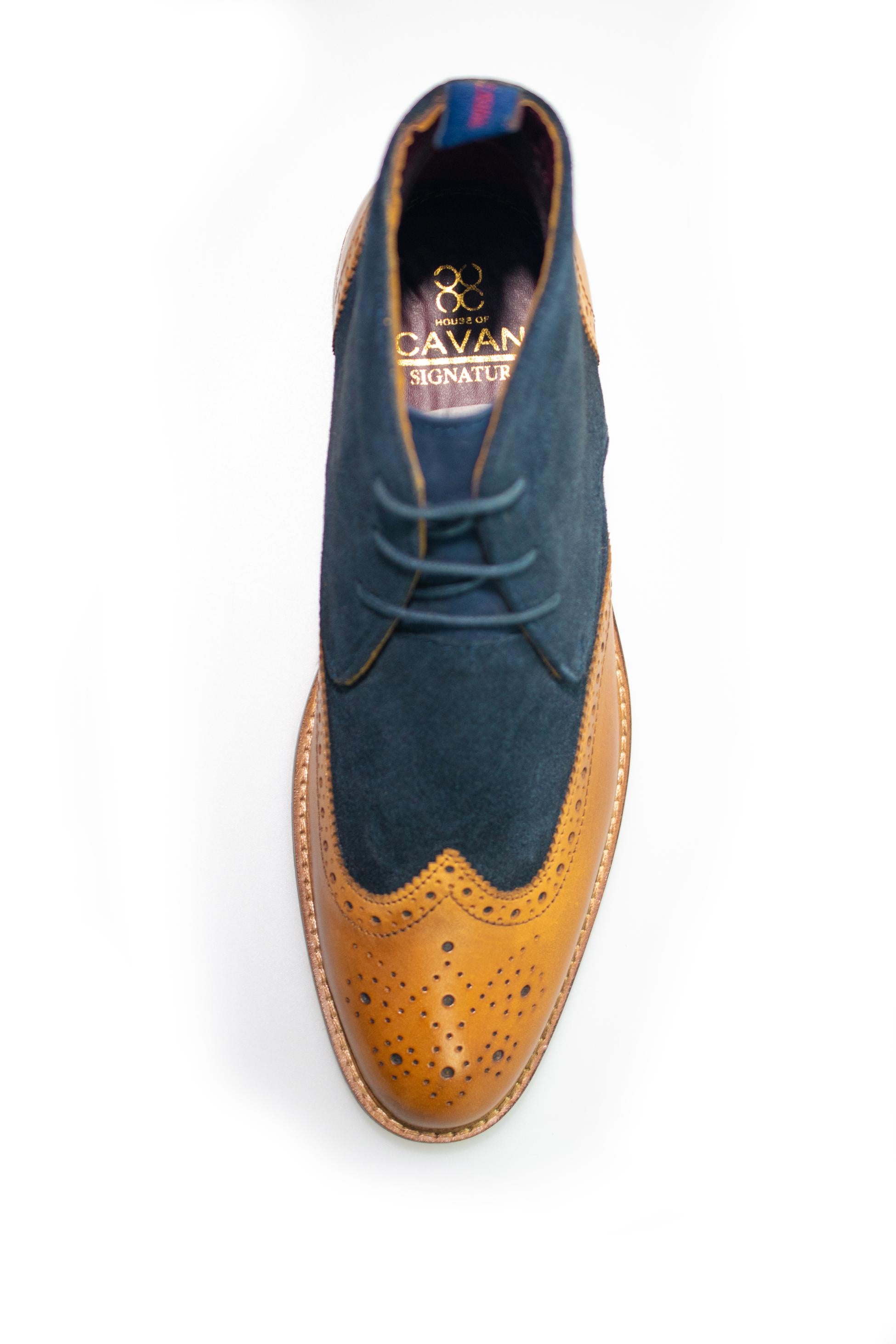 Men's Suede & Leather Brogue Boots - CONNICK - Navy Blue - Tan Brown