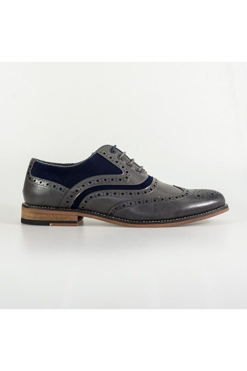 Men's Suede & Leather Oxford Brogue Shoes - ETHAN - Grey - Navy Blue