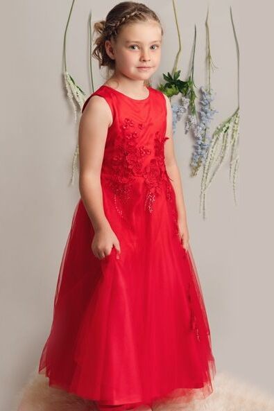 Floral Embroidery Flower Girl Dress with Bow - LUCKY - Red