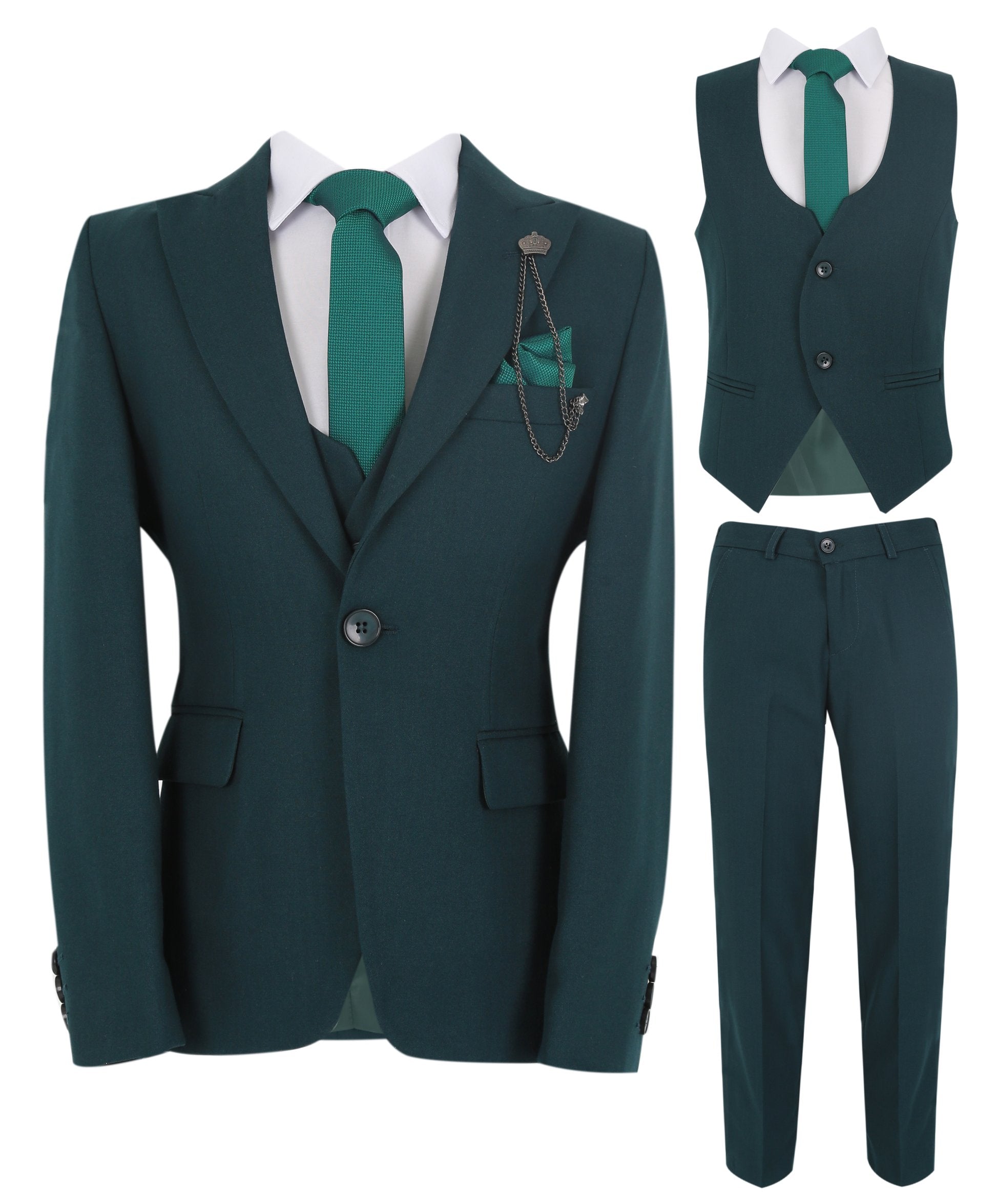 Boys Slim Fit Herringbone 8 Piece Suit Set - KING - Emerald Green