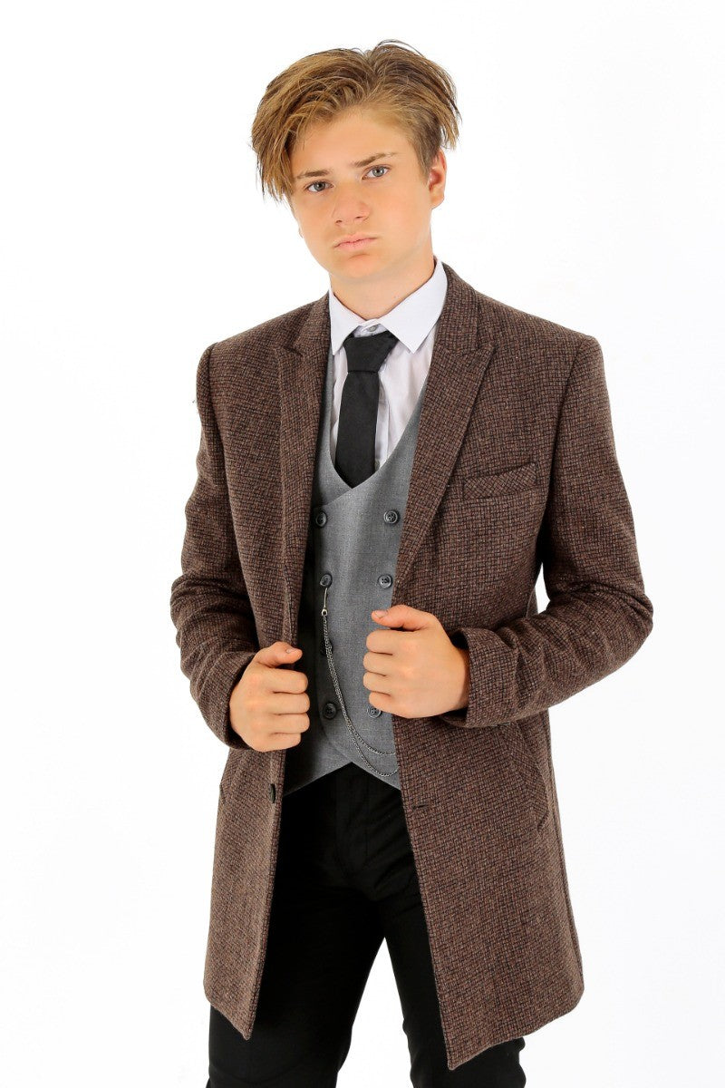 Boys Wool Tweed Patterned Midi Coat - Light Brown