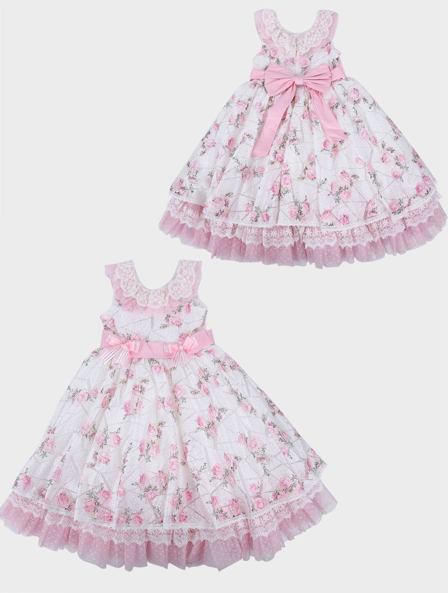 Girls Floral Sleeveless Lace Ruffles Dress - White and Pink