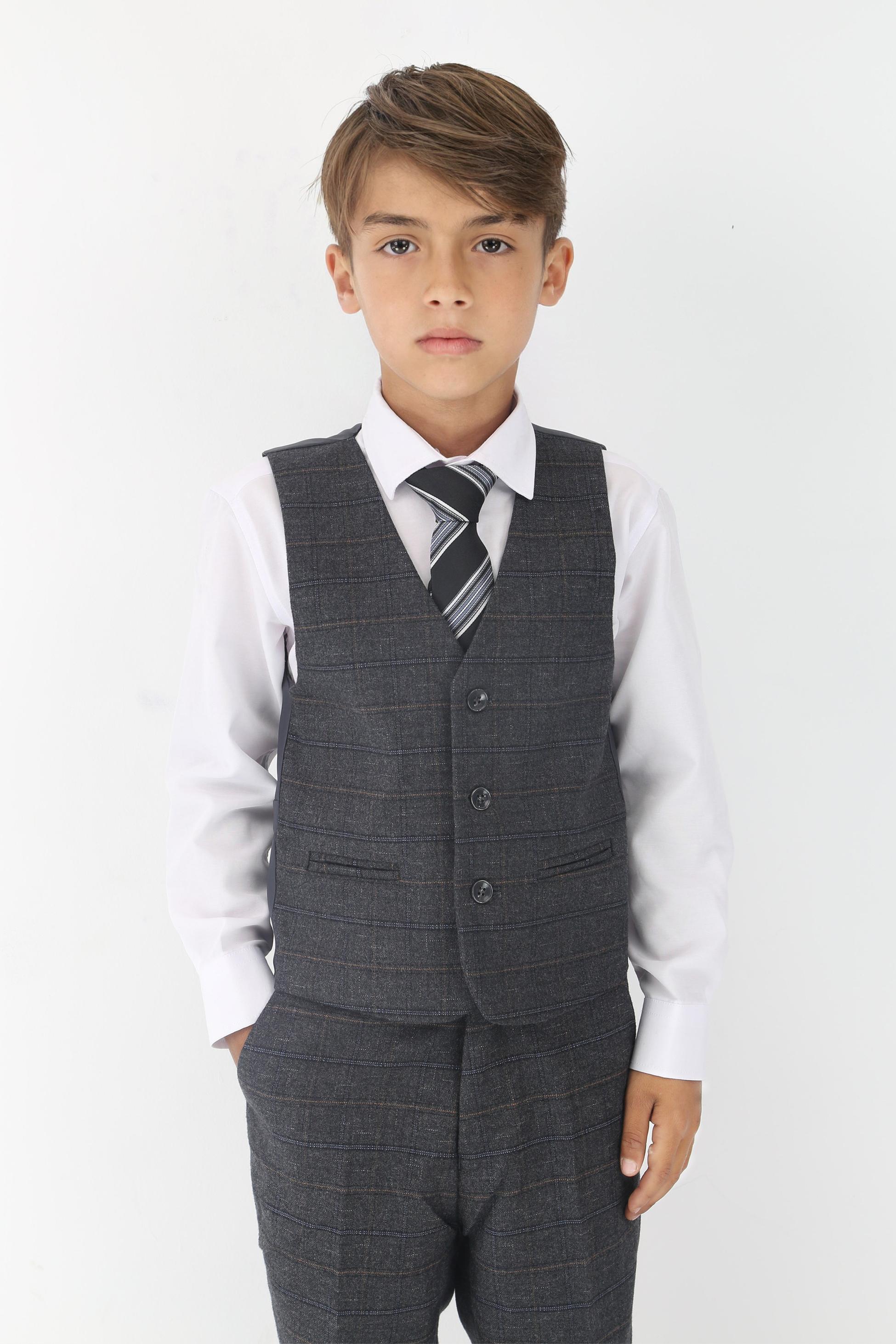 Boys Tweed Like Check Tailored Fit Formal Suit Set - Charcoal Grey