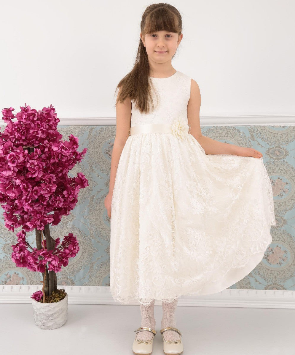 Girls Sleeveless Lace Embroidered Dress - Ivory