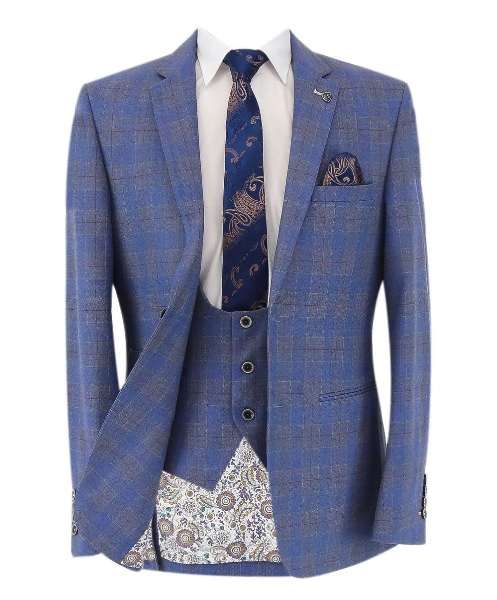 Men's Windowpane Check Slim Fit Suit - CONNOR - Pale Blue