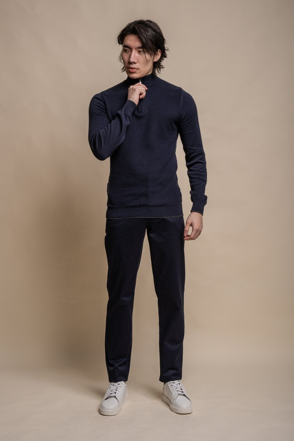 Men's Half Zip Knit Cotton Pullover - KYLE - Navy Blue