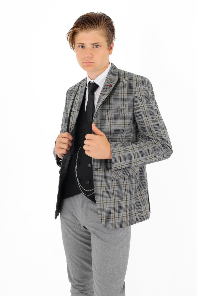 Boys Plaid Check Slim Fit Suit - Grey