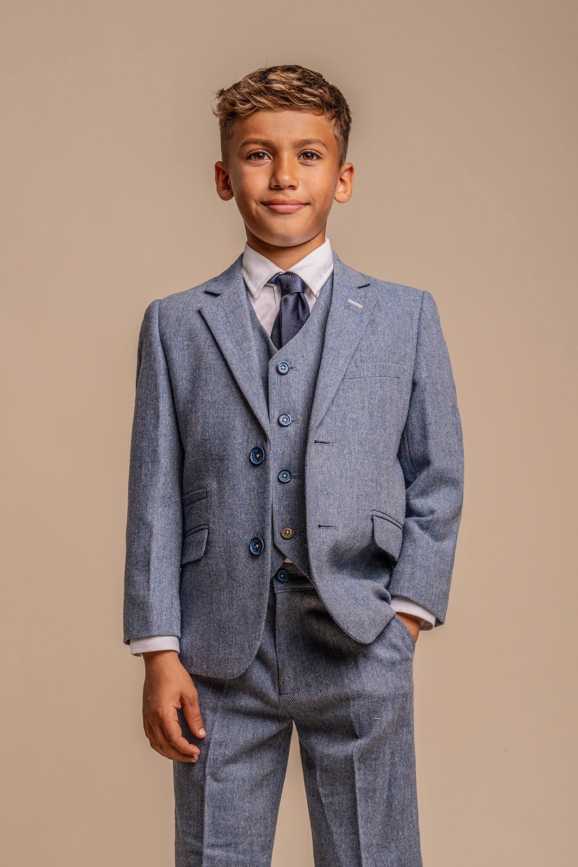 Boys Tweed Slim Fit Suit - WELLS Blue - Light Blue