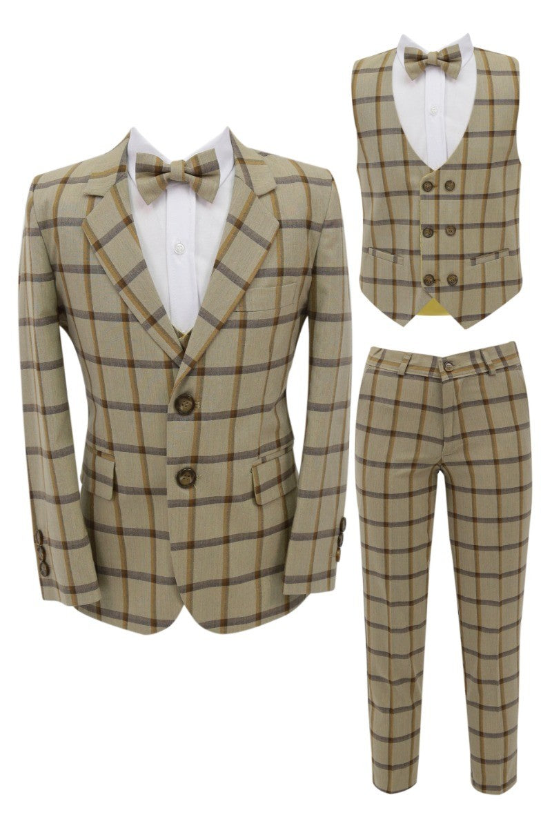 Boys Windowpane Check Suit 7 PC Set - Beige