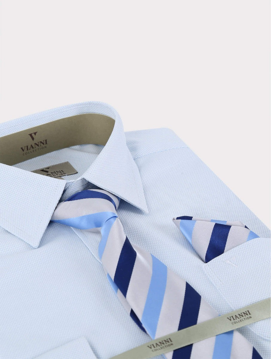 Boys Cotton Blend Long Sleeve Shirt, Tie & Hanky Set - Light Blue- Patterned Tie