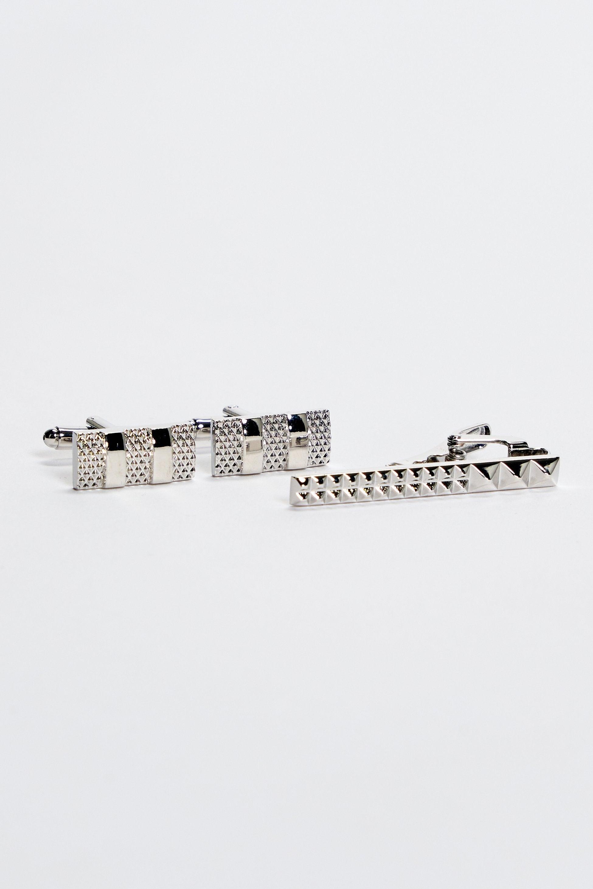 Men's Silver Studded Cufflinks and Tie Clip Set